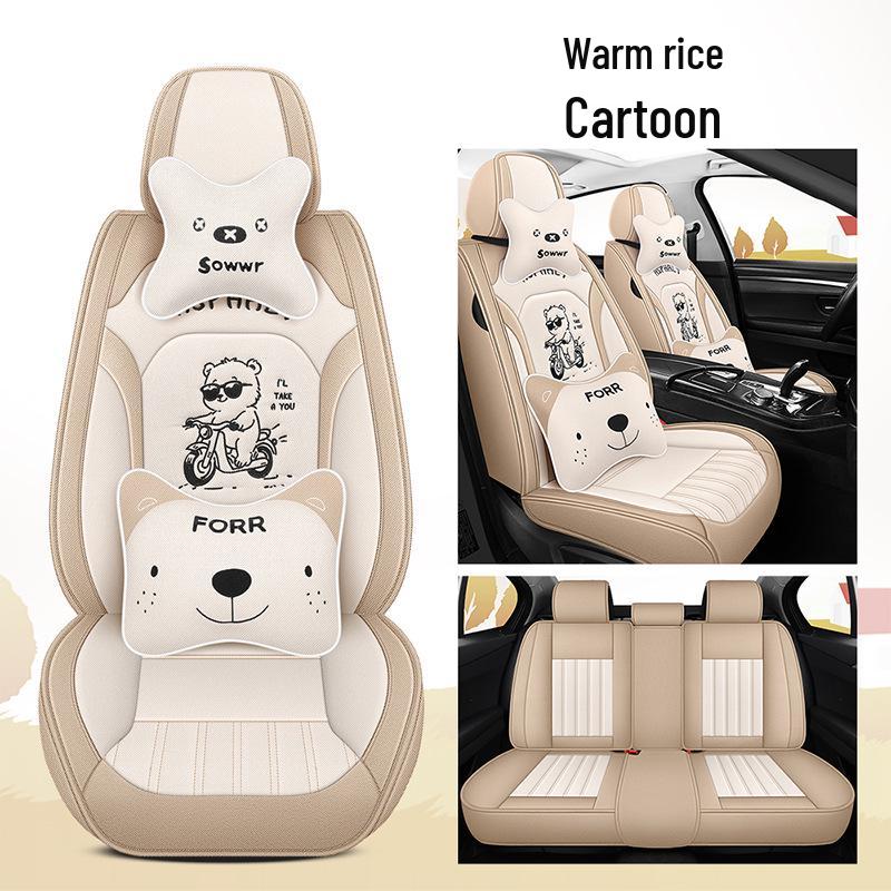 All-Season Linen Car Seat Cover - Breathable, Full Coverage with Cute Cartoon Design for Autumn/Winter