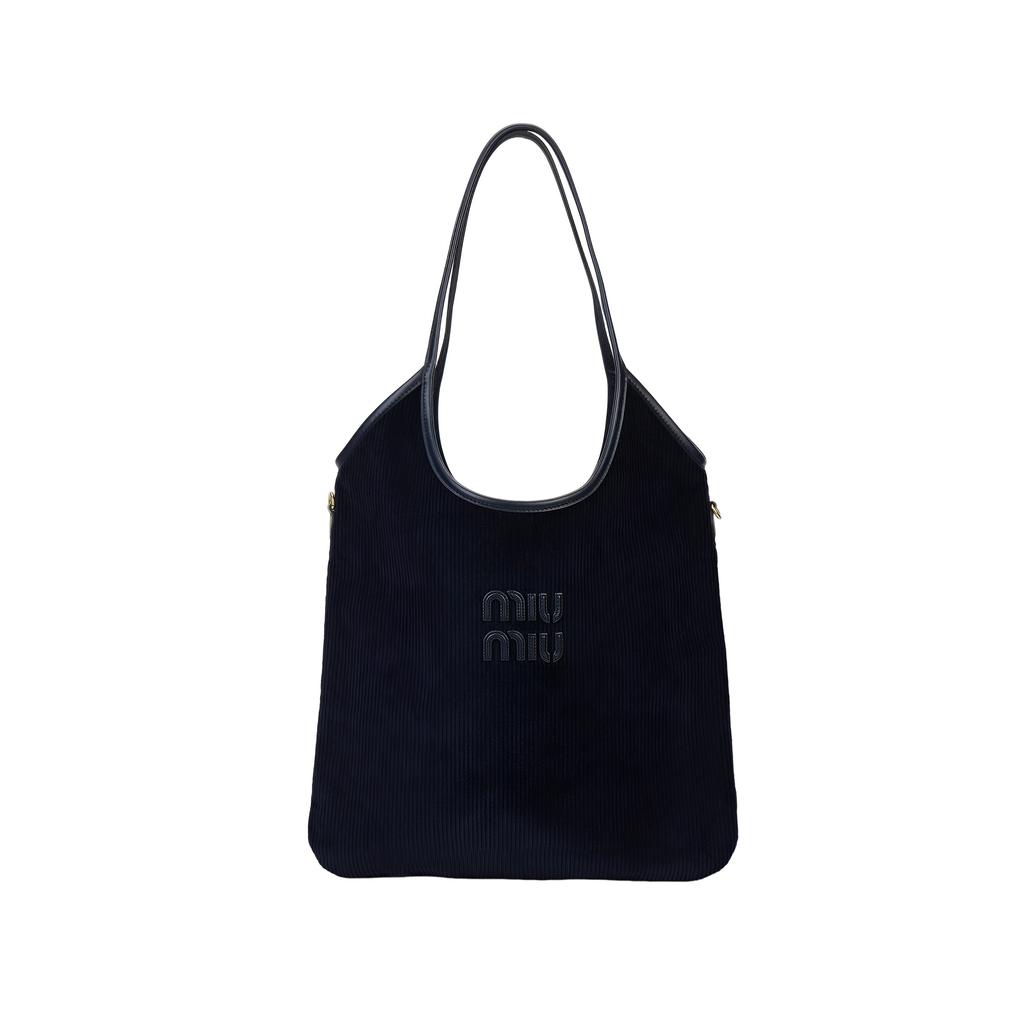 Miu Miu Ivy Corduroy Fabric Mixed Material Tote Bag Women Tote Bags Navy-Blue 5BG231_2F81_F0124_V_MLN