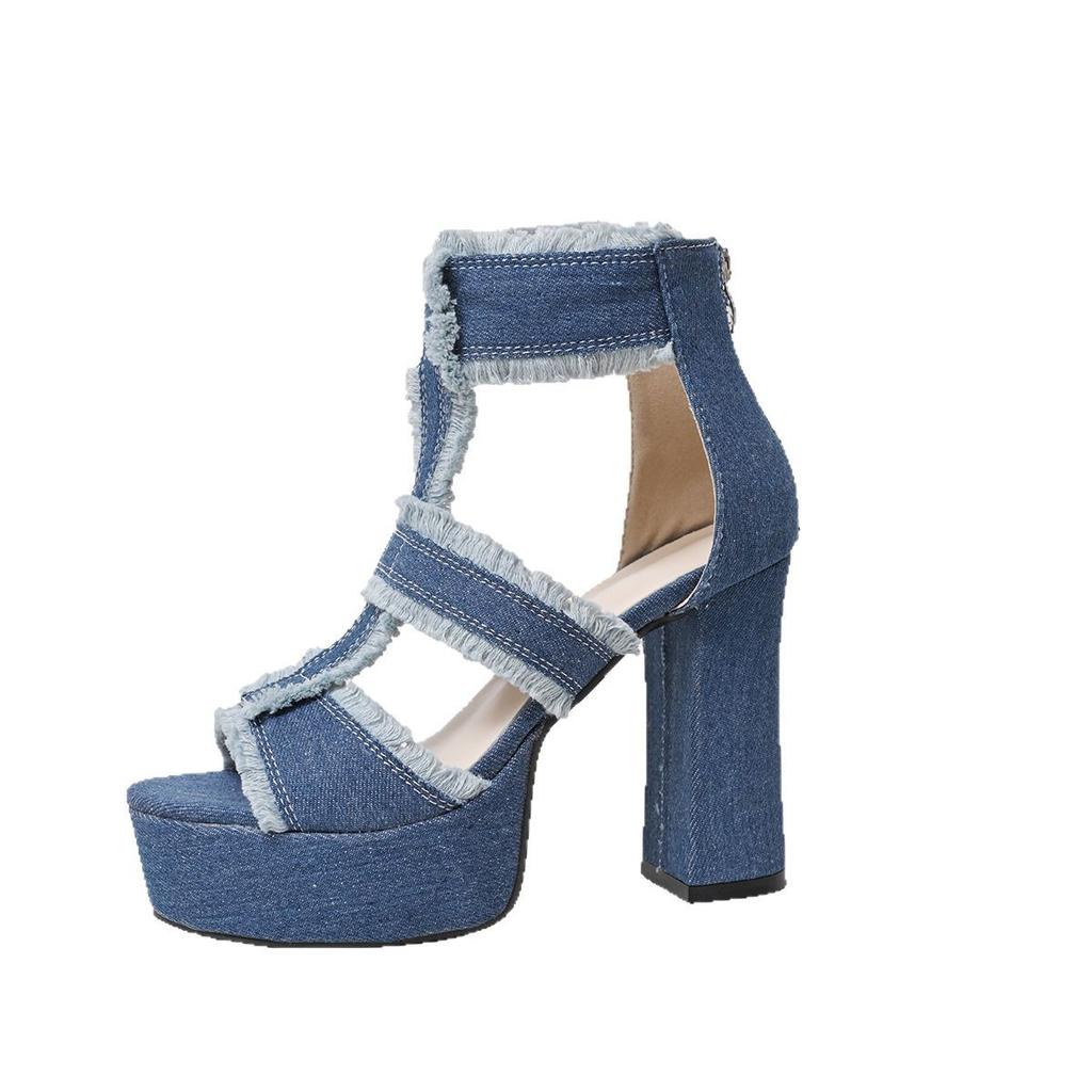 Fashion Summer Women Sandals New Platform Blue Denim Ankle Strap High Heels Shoes for Women Fashion Outdoor Sexy Peep Toe Sandals Women