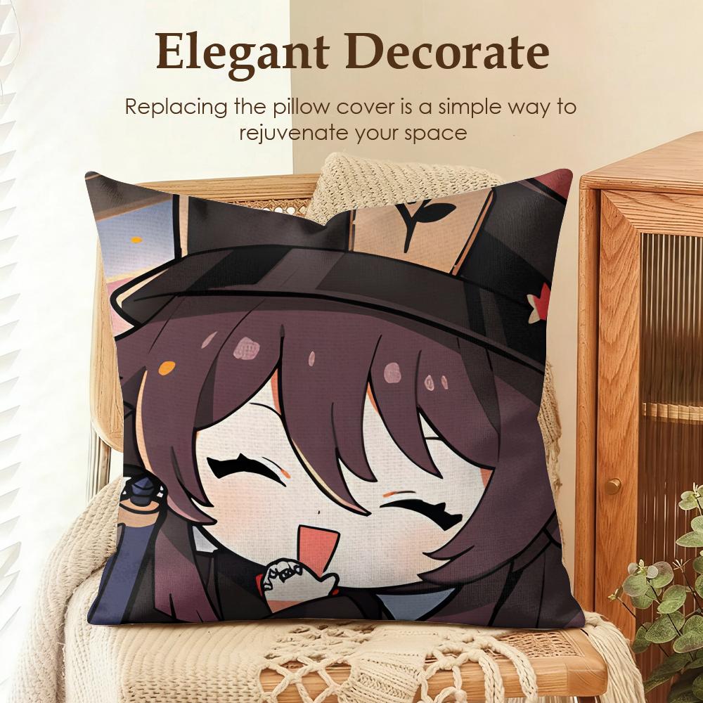 Hu Tao cute Genshin Impact Cushion Cover Natural Linen Organic Fabric DoubleSided Printing Sofa Home Decor Gift Pillow Case