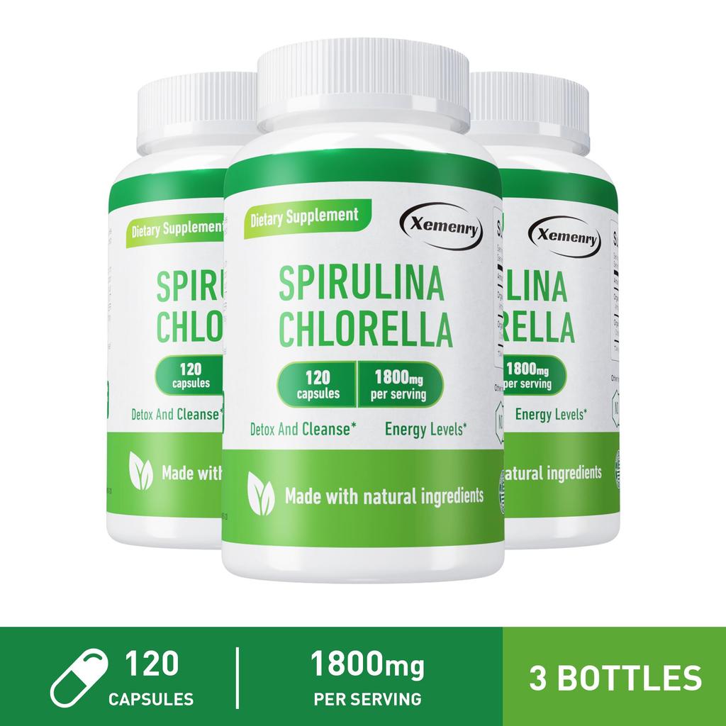 Organic Spirulina Capsules, Chlorella Supplement, 1800 Mg, Energy Booster, Immune System Booster