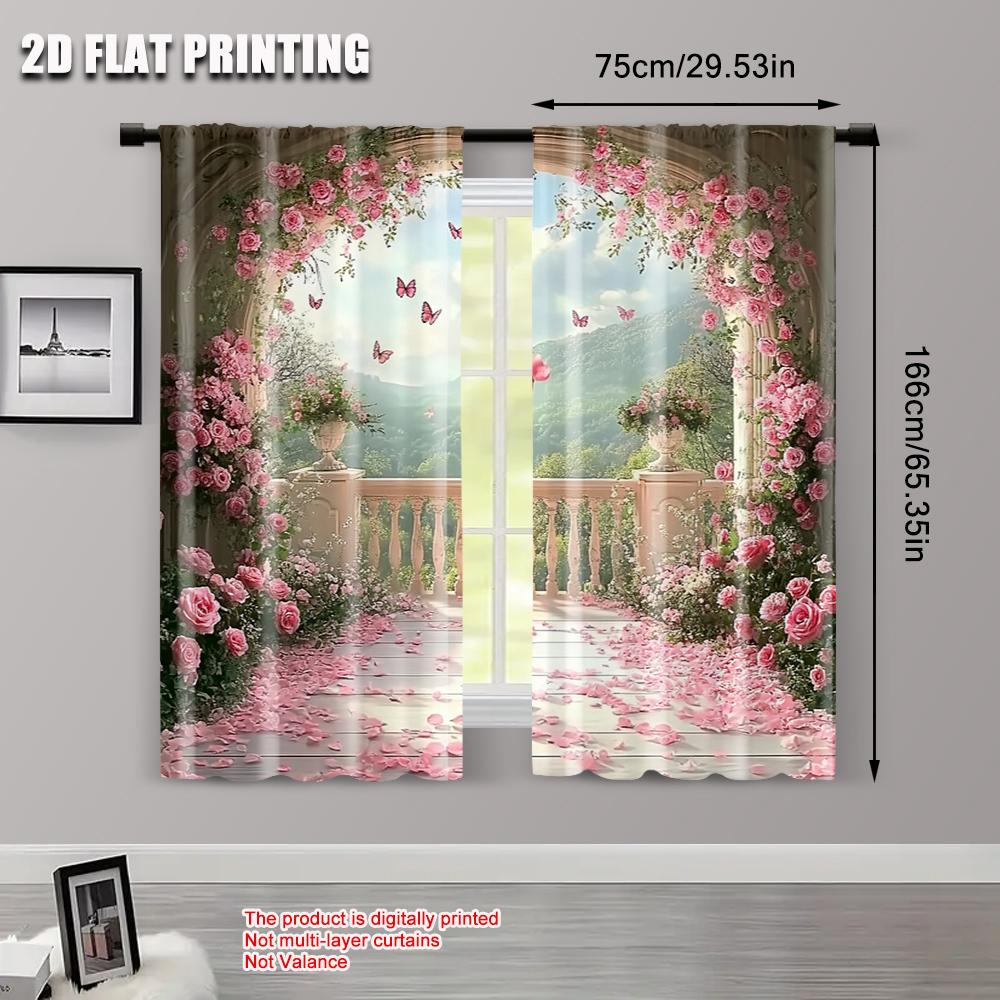2pcs   Spring Summer Curtains Roses Balcony Mountain Butterfly View Light Filtering Sheer Curtains Versatile Polyester Fabric