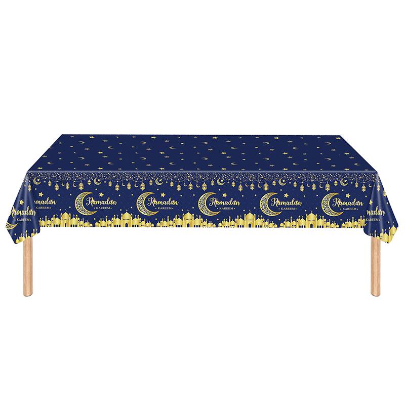 Ramadan Kareem Disposable Tablecloth Gold Moon Mosque Pattern Eid Mubarak Tablecloth Islamic Muslim Holiday Party Table Decor