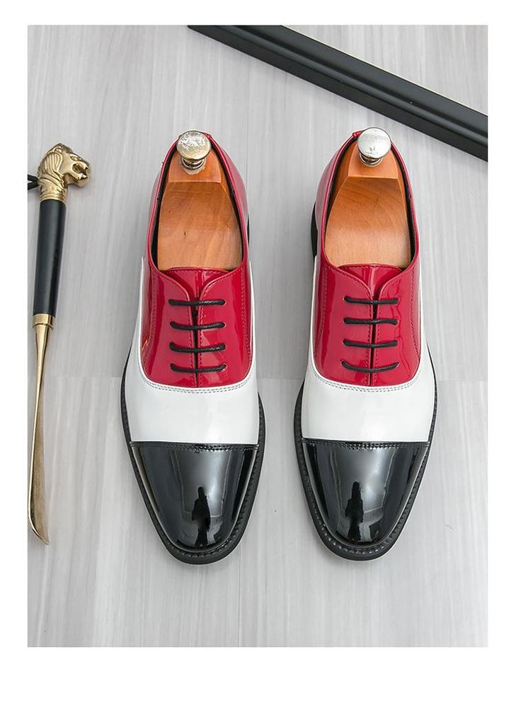 Herrskor i läder, formella, slip-on loafers, kontrasterande färger, stora storlekar, idealiska för vår och höst.