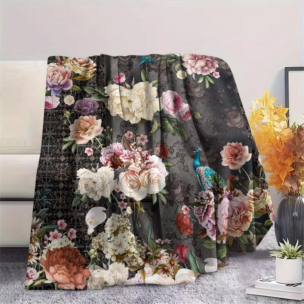 1Pc Vintage Floral Bird Print Flannel Blanket, High quality Comfortable for All Seasons, Home Decor, Warmth and Comfort, Perfect for Gifts