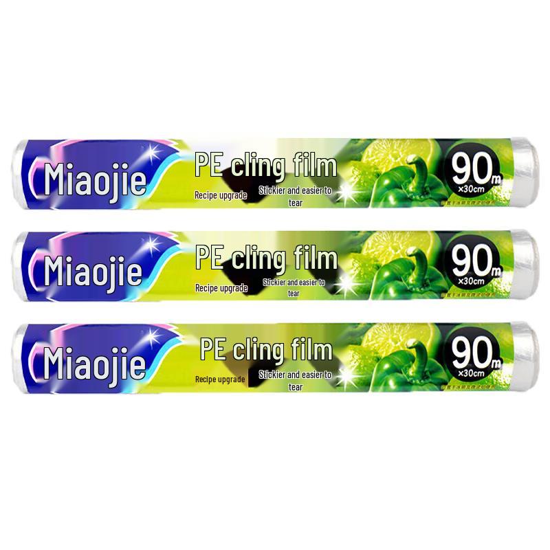 Miaojie Food Grade PE Plastic Wrap, 30cm x 90m (3-Roll Pack)