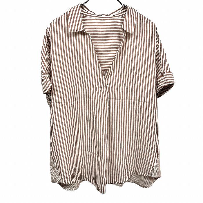 [New] [Impression N] AZUL by moussy Pullover Skipper Shirt No Pocket Kimono Sleeve Open Collar Striped Short Sleeve Rayon x Linen M Brown Brown x