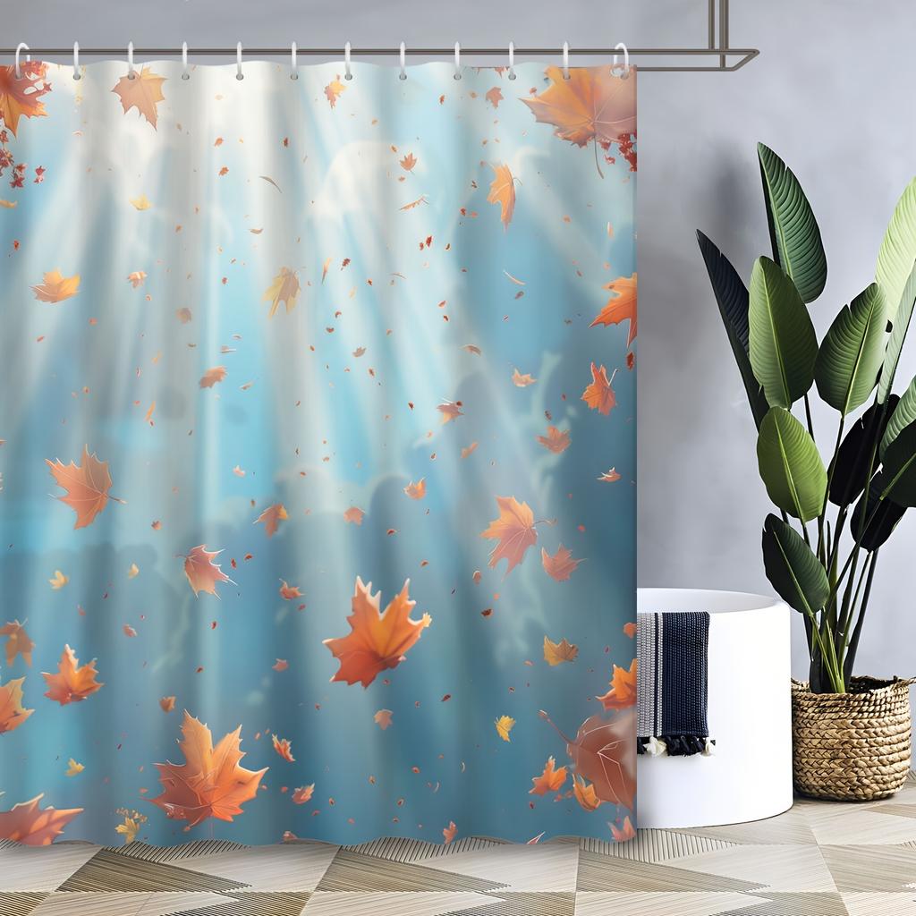 Maple Leaves Curtain - Autumn Sky, Waterproof Polyester, 12 Hooks, Machine Washable, Bath Decor