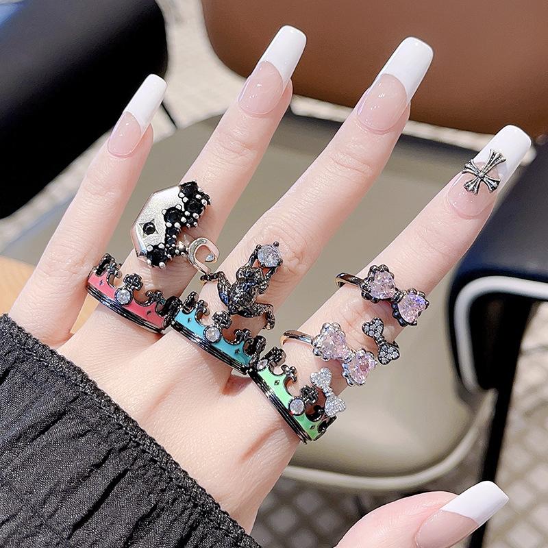 Dark Personality Retro Crown Stacked Open Ring Niche Design Bow High-End Fashion Trendy Cool Ring