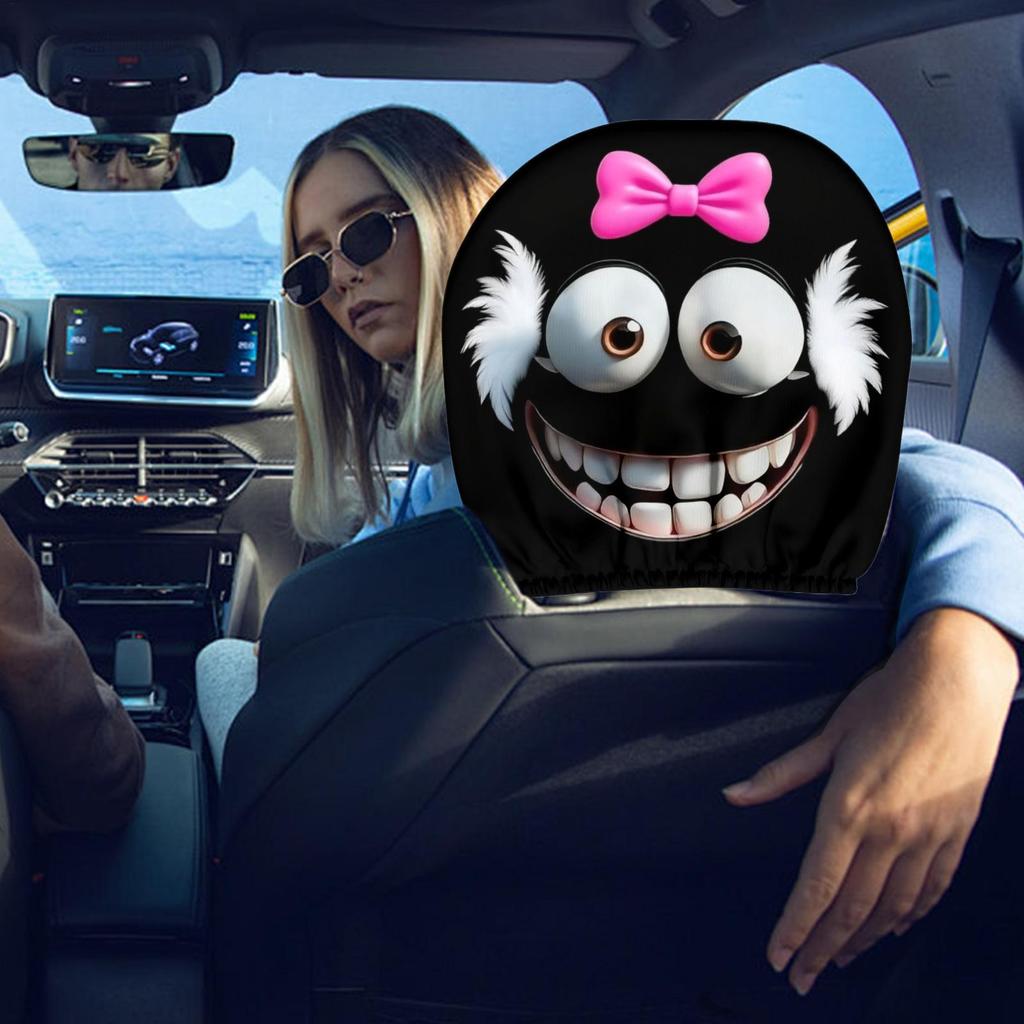 2PCS Funny Cartoon Eyes Headrest Covers, Car Front Seat Head Rest Decor Pillow for SUV Truck MPV RV, Auto Interior Accessories