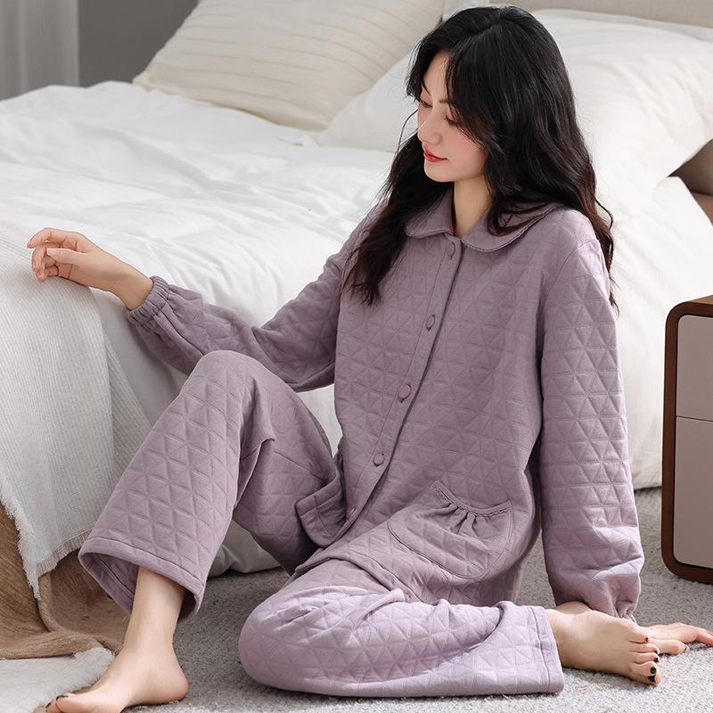 Sandwich Pure Cotton Pajamas Women's Autumn and Winter Mother's Warm Air Cotton Padded Large Size Winter Loungewear Set