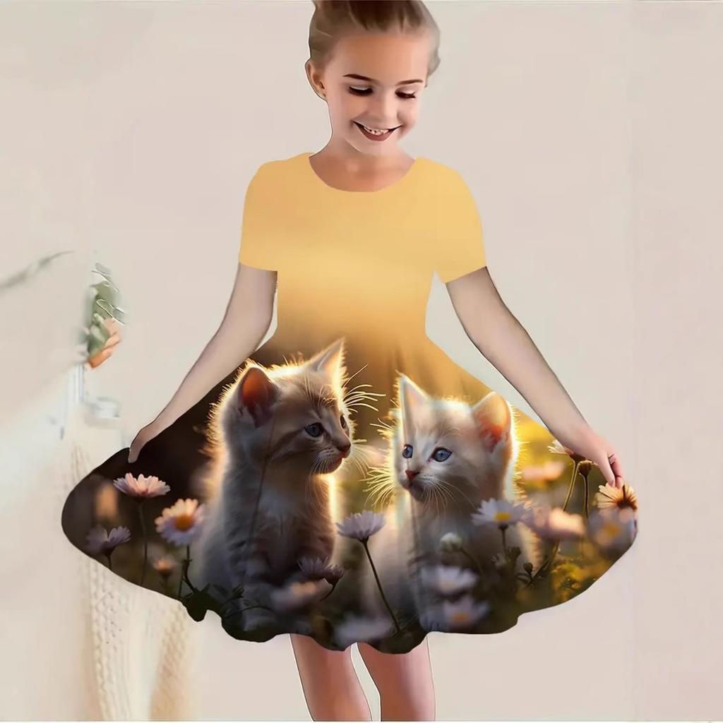 Summer new fashionable and comfortable cute animal 3D pattern children's girls short-sleeved dresses