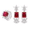 New set, jewelry, earrings, rings, square color treasure, red corundum, fashionable European and American style luxury women's models are in stock.