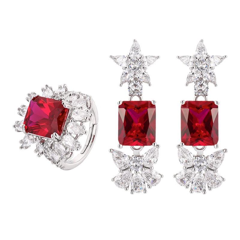 New set, jewelry, earrings, rings, square color treasure, red corundum, fashionable European and American style luxury women's models are in stock.