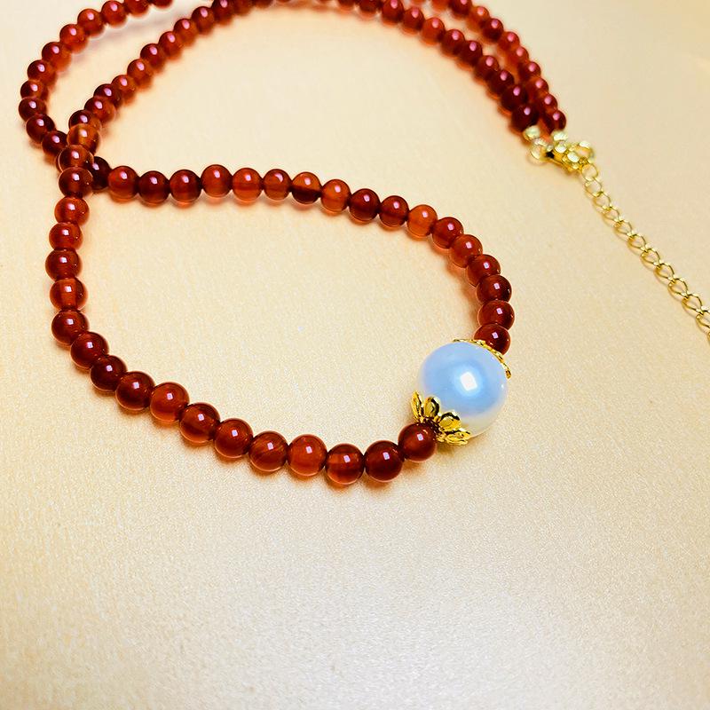 S925 Silver Red Agate & Pearl Tower Necklace - Light Luxury Chinese Style Women's Fashion