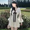 French Elegant High-end Bow V-neck Pleated Slim-fit White Dress for Women - Autumn Style