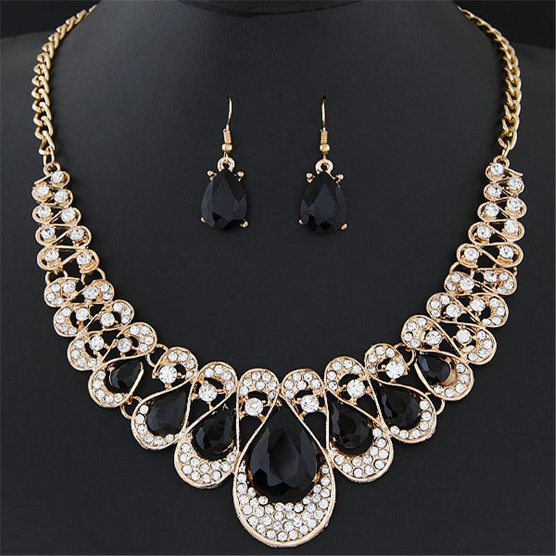 Fashion, Metal Sparkling Diamonds, Gem Temperament Collar Necklace, Water Drop Earrings Set, Water Drop Jewelry