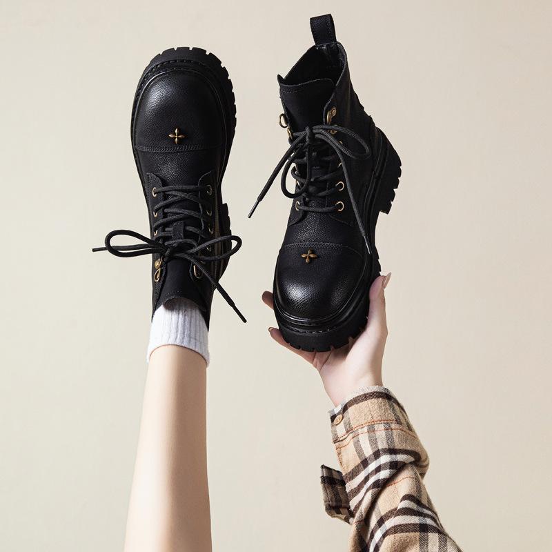 Leather platform Martin boots women's new British style cowhide 2025 spring and autumn single boots locomotive versatile velvet women's short boots