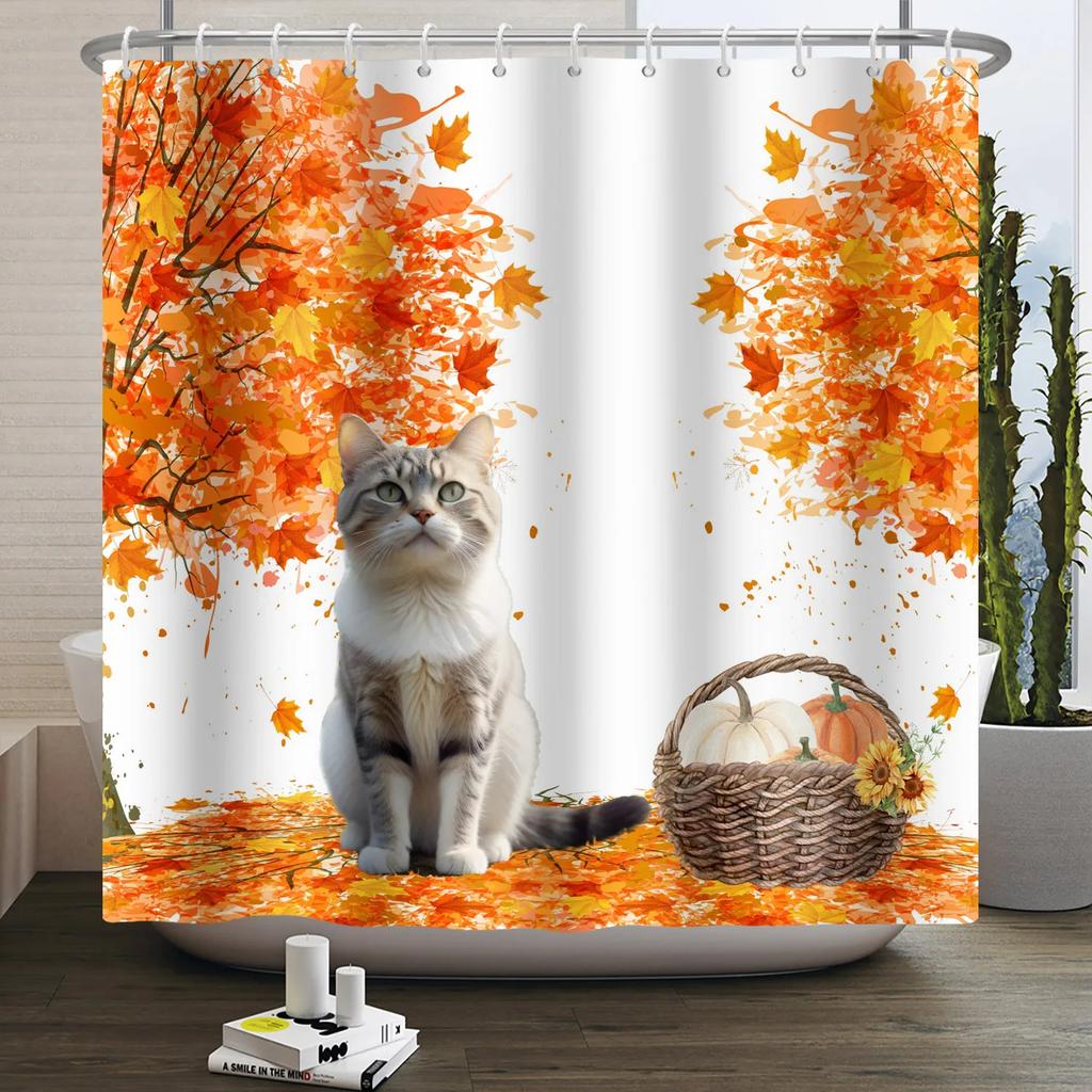 Fall Forest Natural Scene Shower Curtain for Bathroom Autumn Maple Tree Plants Rural Landscape Pumpkin Waterproof Shower Curtain
