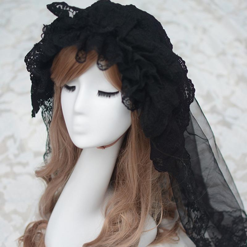 Vintage Brides Lace Veil Headdress Black White Lolita Veil for Outdoor Occasions