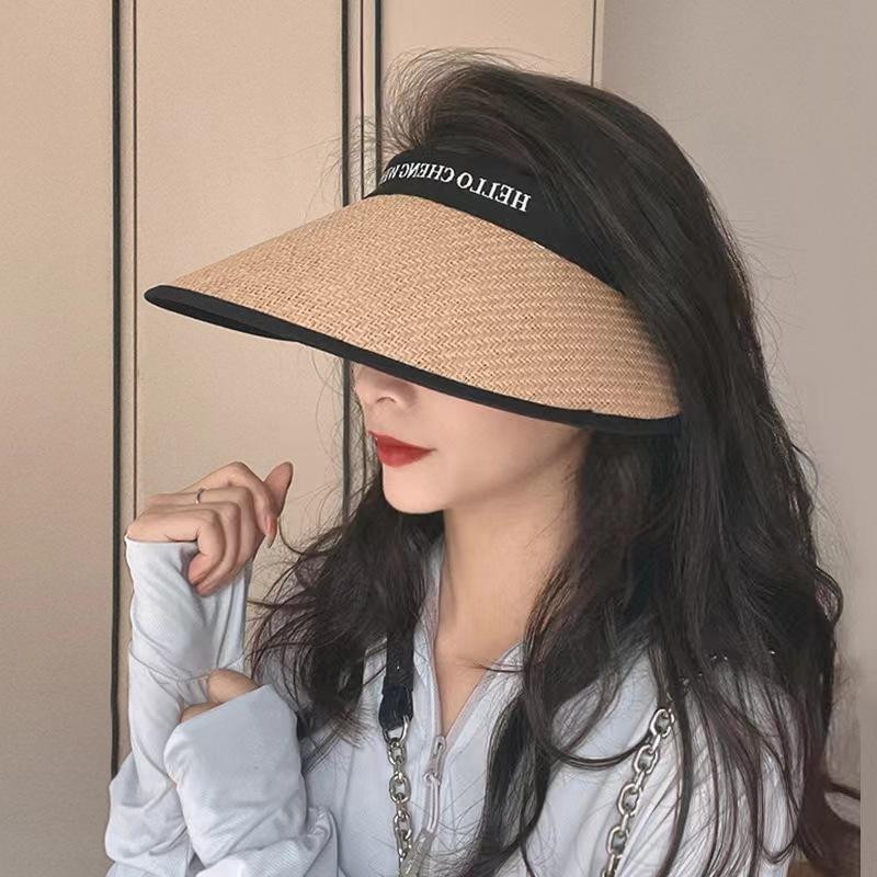 Women'S Outdoor Sun Hat Summer Straw Woven Empty Top Hat For Sun Protection Caps Simple Face Covering Female Riding Beach Sunsha