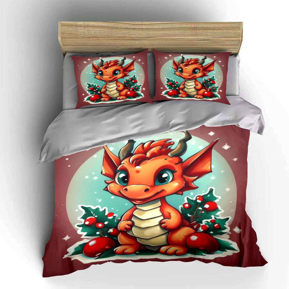 Cute Christmas Dragon Design Bedding Duvet Cover Set (1*Duvet Cover 2*Pillowcases, without duvet insert)