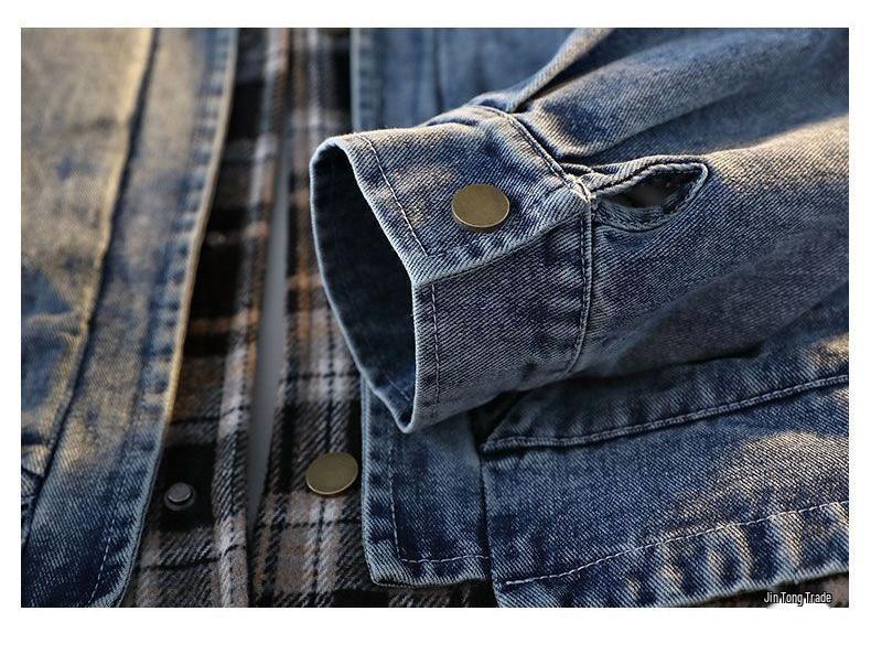 Pánská trendy kostkovaná patchworková džínová bunda 2025 - Falešný dvoudílný vlněný kabát na jaro a podzim