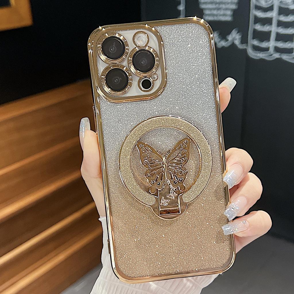 Pour Apple 16 Support Papillon Coque de Téléphone pour IPhone 15 Promax Miroir Plaqué Dégradé Poudre Scintillante 14 Coque Dure