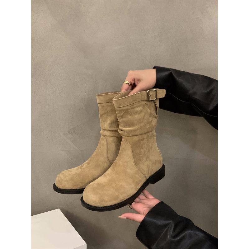 Thick heel retro medium boots knight boots women's shoes 2025 new autumn and winter piled small short boots Martin boots