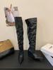 2025 Autumn and Winter New Big Tube Circumference Pointed Toe Over the Knee Boots Slope Heel High Boots Slope Heel Boots Stacking Boots