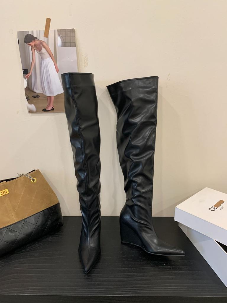 2025 Autumn and Winter New Big Tube Circumference Pointed Toe Over the Knee Boots Slope Heel High Boots Slope Heel Boots Stacking Boots