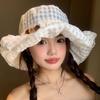 Japanese Style Button Plaid Fisherman Hat Women Wide Brim Face Slimming Sun Protection Hat Breathable Bucket Hat Outdoor Travel