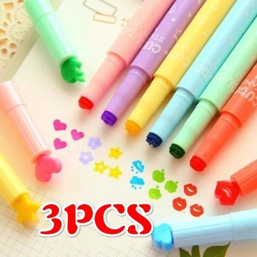 3 Pack Cute Candy Color Kawaii Highlighter Ink Stamp Pen Creative Marker School Supplies Office Stationery (Random Colors)