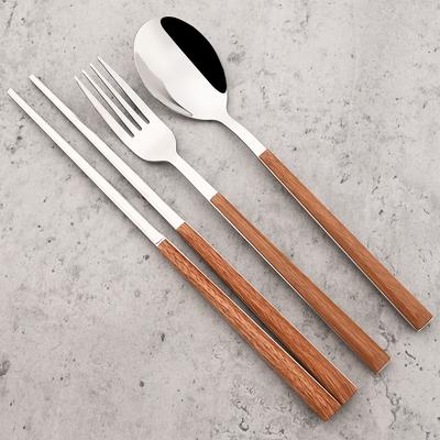 3Pcs/Set Fork Spoon Chopsticks Cutlery Set Wood Handle Dinnerware Stainless Steel Tableware Western Kitchen Flatware