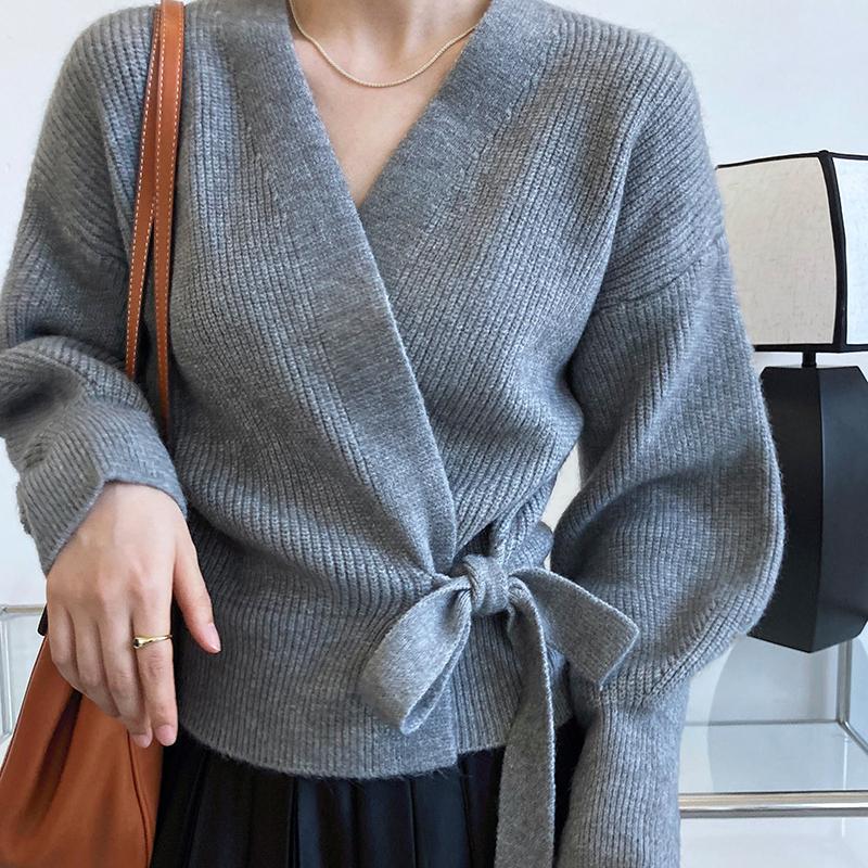 Advanced Sweater Knitwear Women Knitted Cardigan Fall Winter Tie V-neck Sweet Short Long-sleeved Knitted Tops