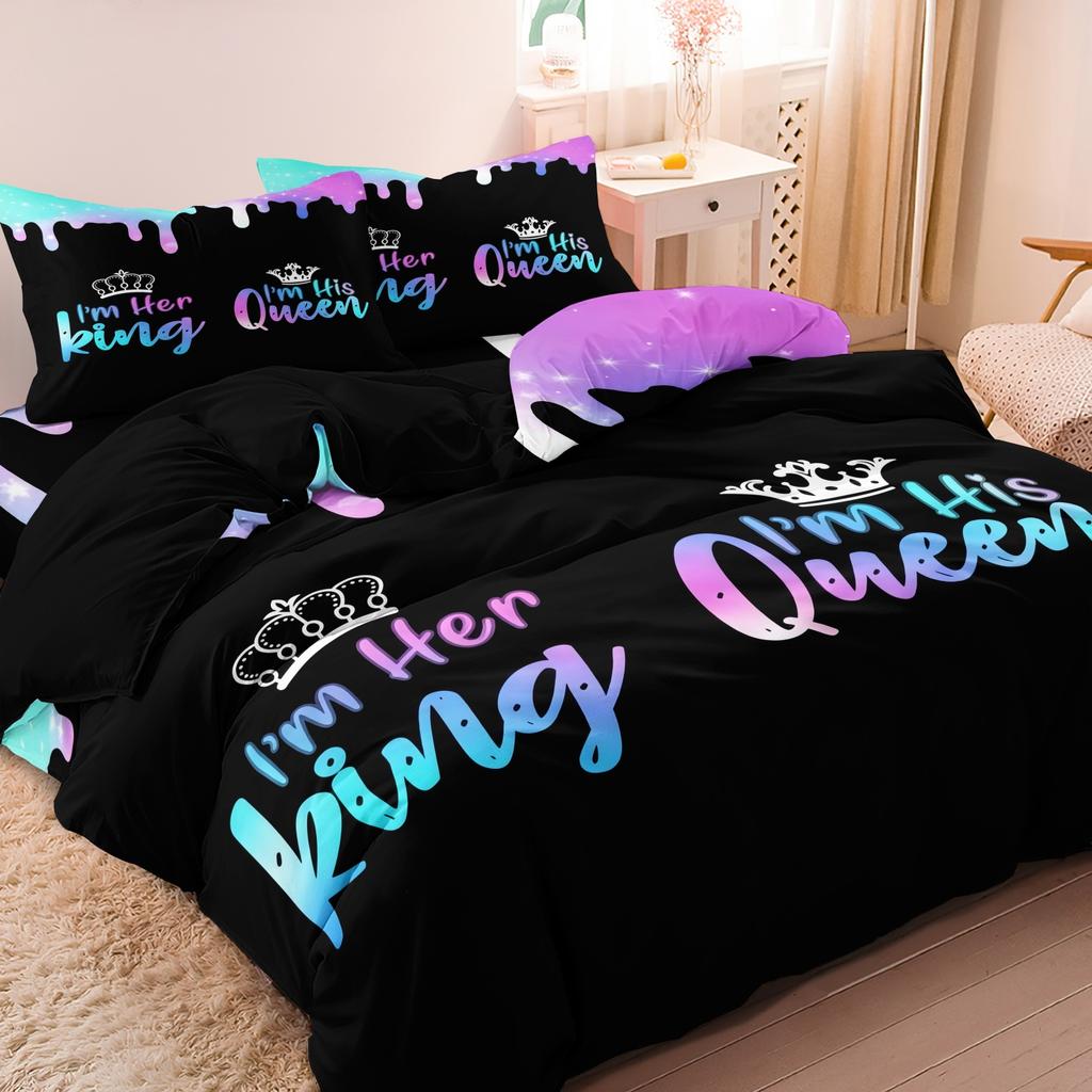3pcs Valentine'S Day Romantic couple Crown Letter Duvet Cover Set (1 Duvet Cover + 2 Pillowcases No Core) for Home And Dorm Use