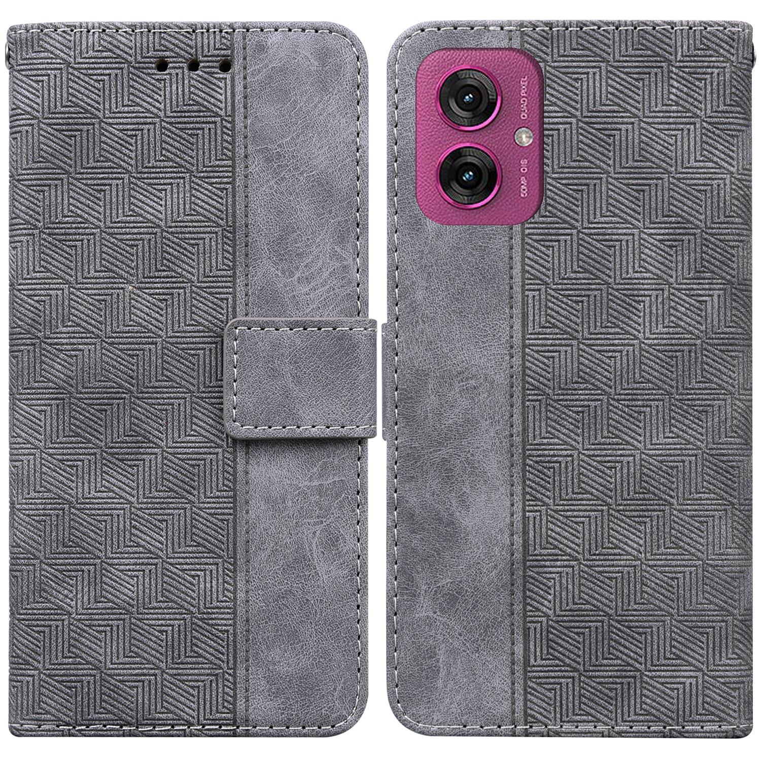 

For Motorola Moto G55 5G Case Geometry Pattern Leather Wallet Phone Cover with Wrist Strap Grey