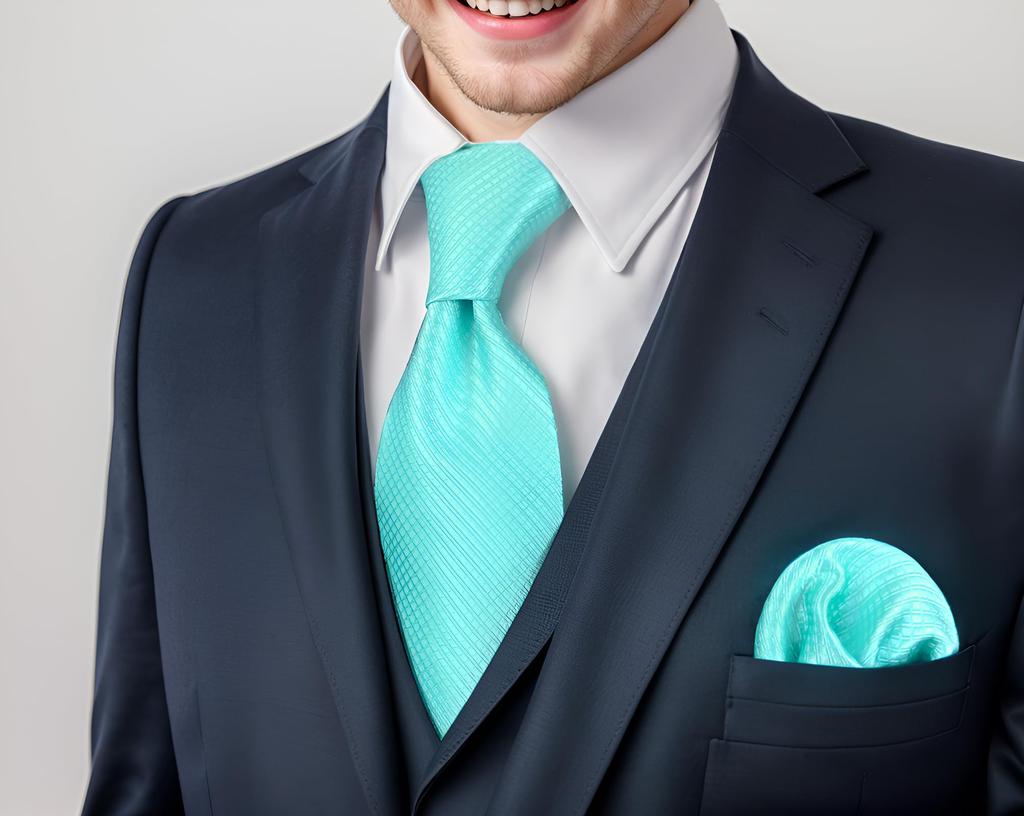 SHLAX&WING Necktie and Pocket Square Set, Solid Color, Aqua Indigo Silk, 147cm x 8cm