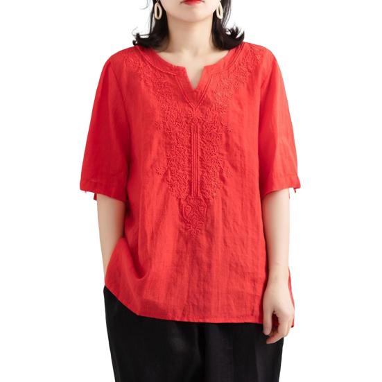 Women Tops V-Neck Short Sleeve Embroidery Flower Pattern Pullover Tops Solid Color Loose Fit Casual T-shirt Daily Wear