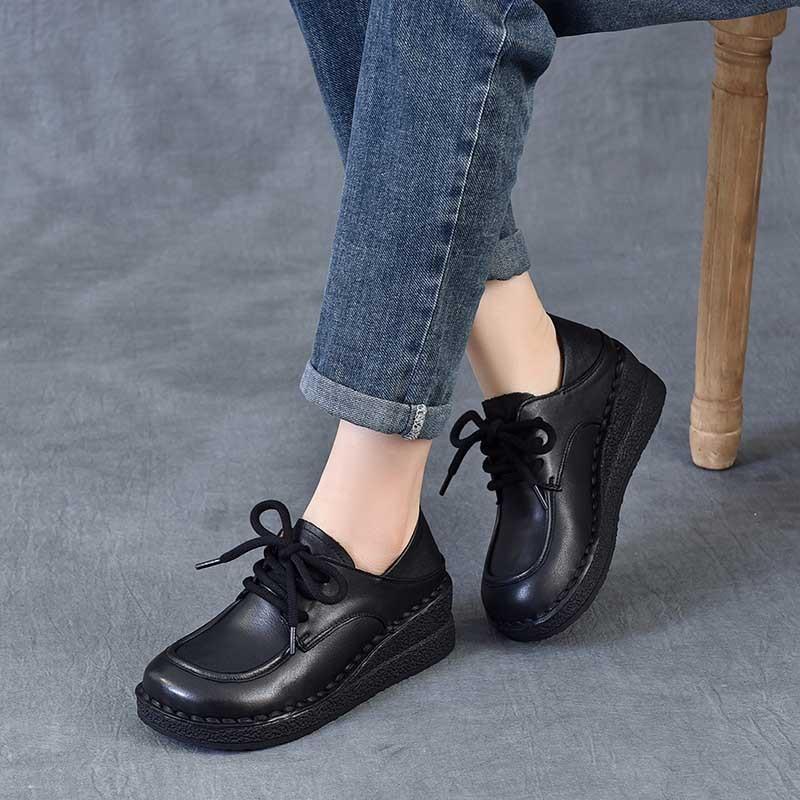 Johnature Genuine Leather Wedges Shoes Versatile Comfortable Soft Soled Lace-up Four Seasons Shoes