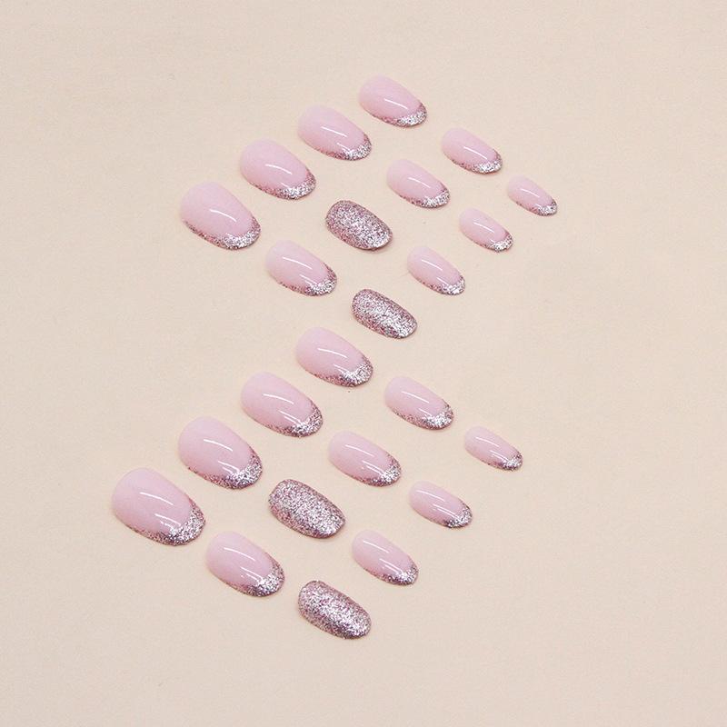 Fashion Pink Glitter French Press On Nails Short Round Fake Nails Reusable Nail Tips Women Manicure Accessories