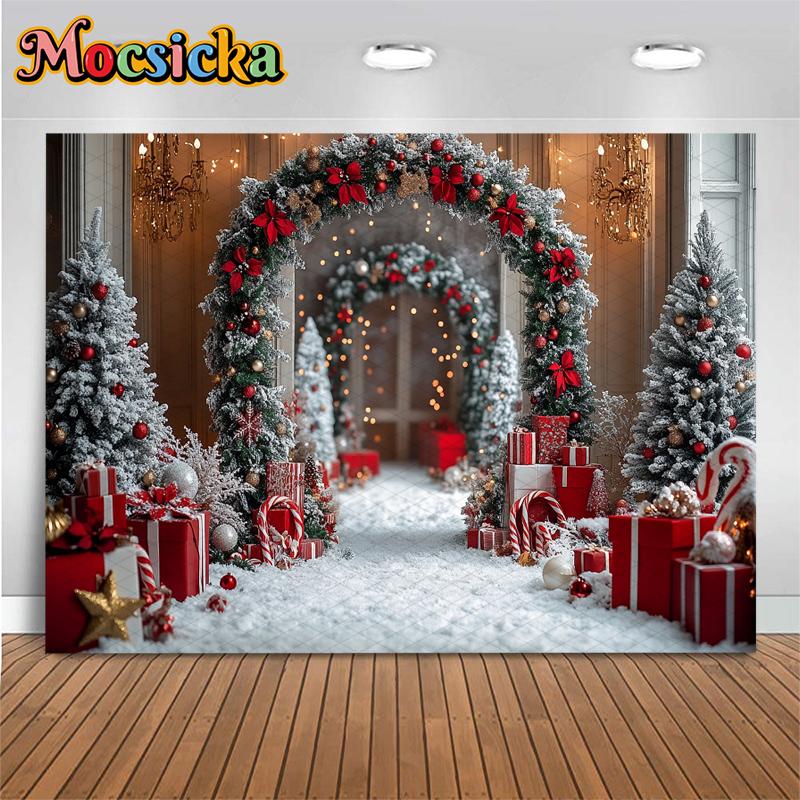 Mocsicka Merry Christmas Background Photography Shooting Props Xmas Tree Snow Gifts Decors Children Adult Family Party Backdrops