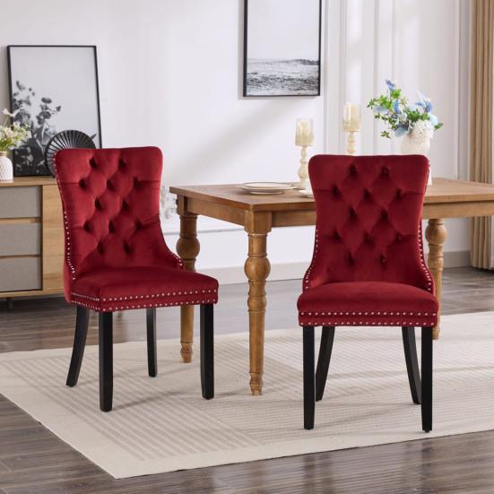 Classic Velvet Dining Chairs, High-end Tufted Solid Wood Contemporary Velvet Upholstered Dining Chair with Wood Legs, Set of 2, Wine