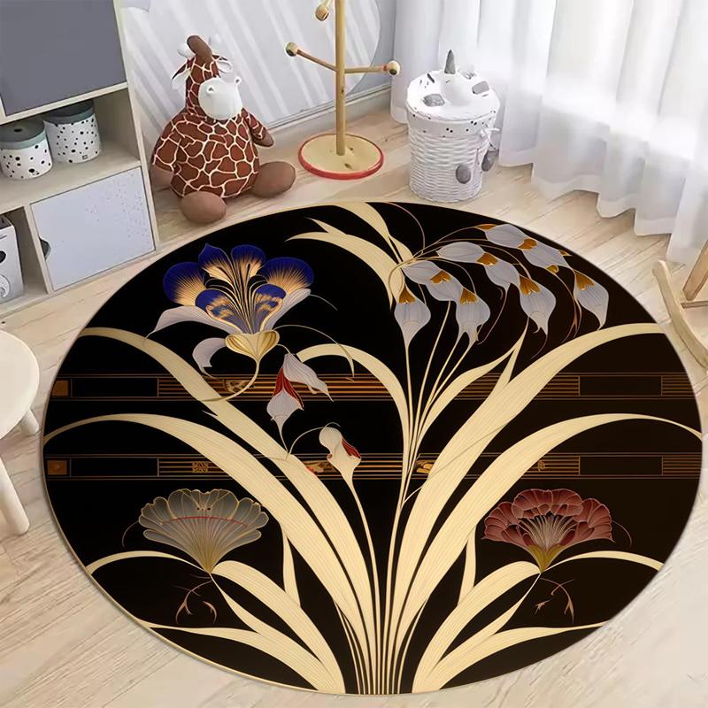 Floral and Leaf Print Round Area Rug, Botanical Green Plant Floor Mat for Living Room Bedroom, Soft Washable Home Decor Carpet