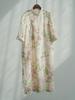 Johnature Women Vintage Print Floral Dress Stand Seven Sleeve Summer Button Chinese Style Dresses