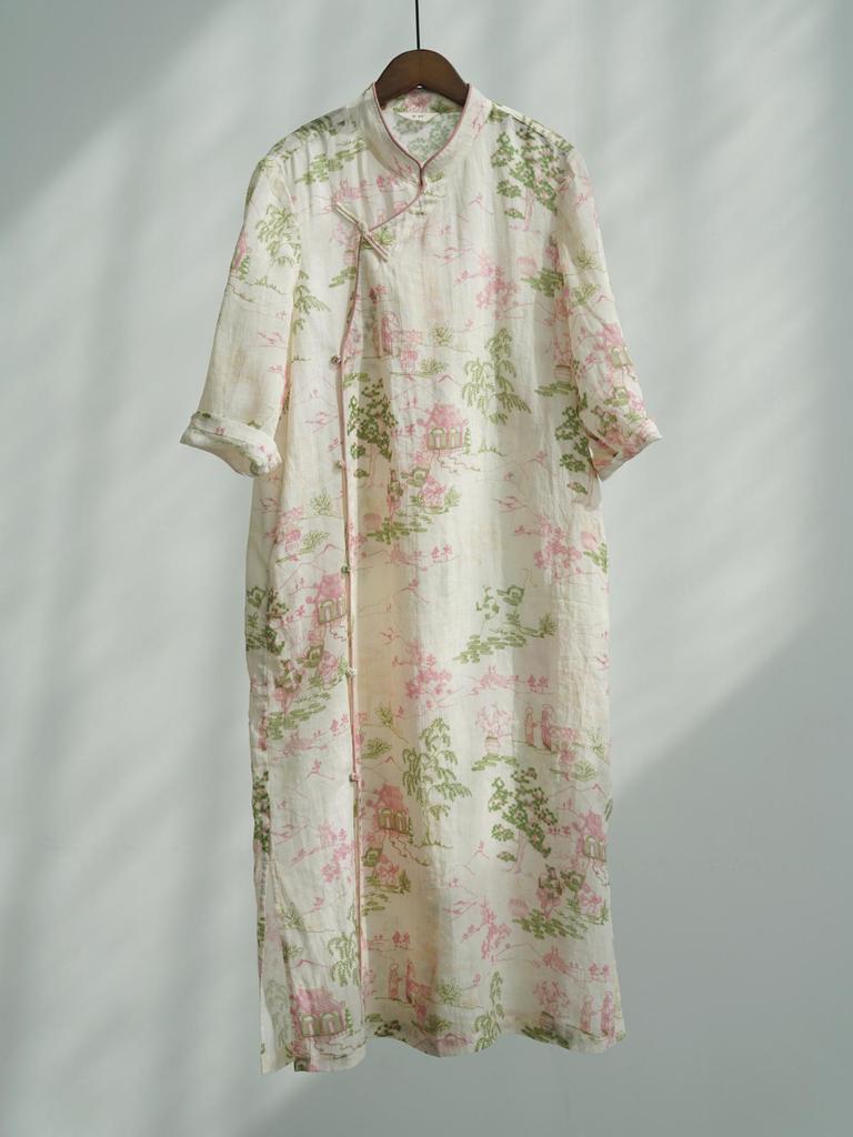 Johnature Women Vintage Print Floral Dress Stand Seven Sleeve Summer Button Chinese Style Dresses