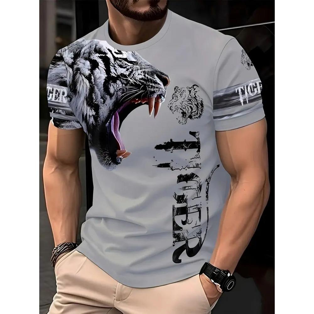 Men's 3D Dragon Print T-shirt, Casual Short Sleeved Pullover, Round Neck, Summer Outdoor Clothing, Regular Style