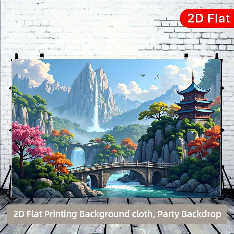 2D Planar Bridge Waterfall Ancient Tower Landscape Background Fabric Suitable for Room Decoration Polyester Fiber