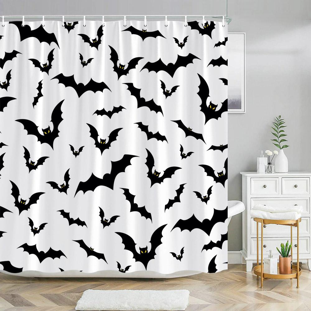 Scary Halloween Shower Curtains Black Cat Pumpkin Shower Curtain Witch Purple Bat Spider Web Cloth Shower Curtain Bathroom Decor