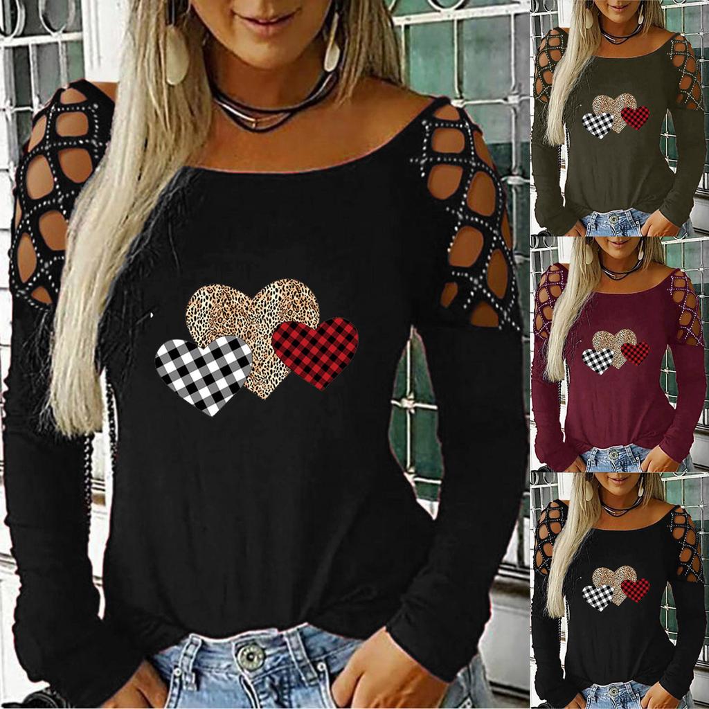 Womens Rhinestone Hollow Retro Printing Blouse Casual Tops Long Sleeves T-Shirt
